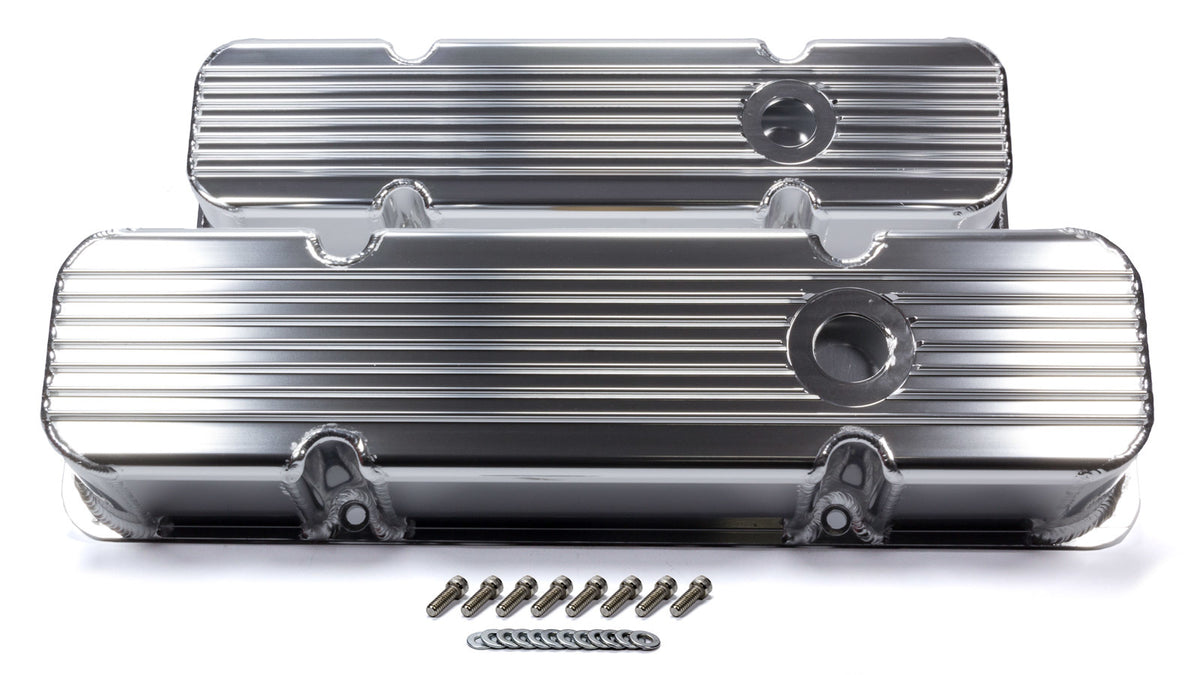 SBC Cast Alm Valve Cover Set Finned Style Pol.